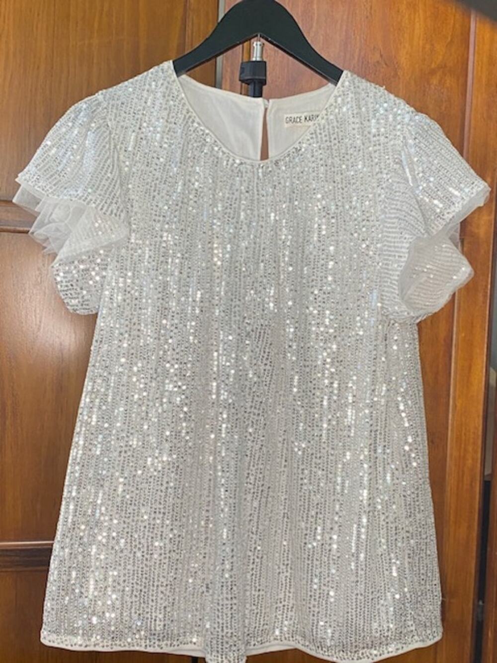 Grace Karin XL White Silver Sequin Top Flutter Sleeve Party